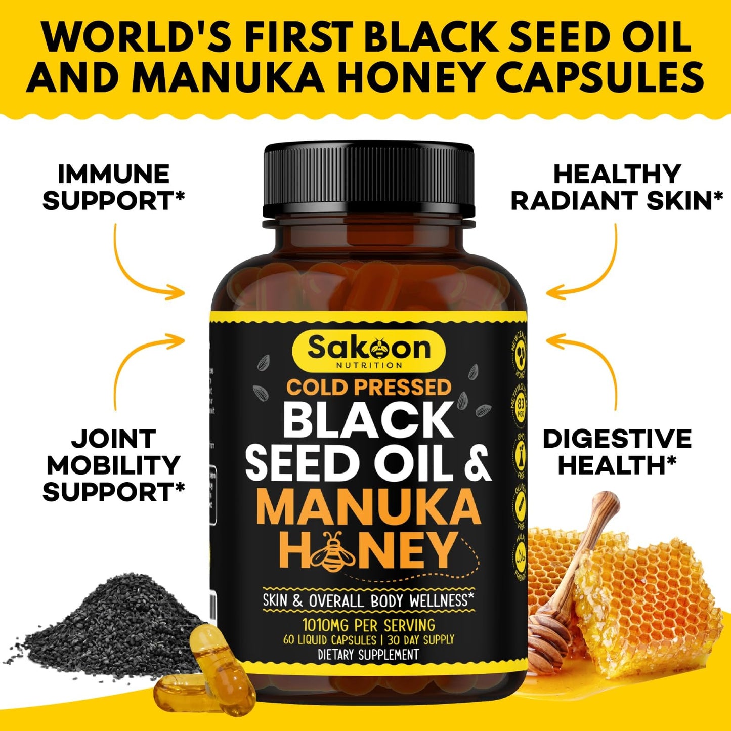 Sakoon nutrition Black Seed Oil Gummies with Honey and W/ 2%+ THYMOQUINONE - Nigella Sativa Seeds - Super antioxidant for Immune Support, Joints, Digestion, Hair & Skin - 60 Gummies