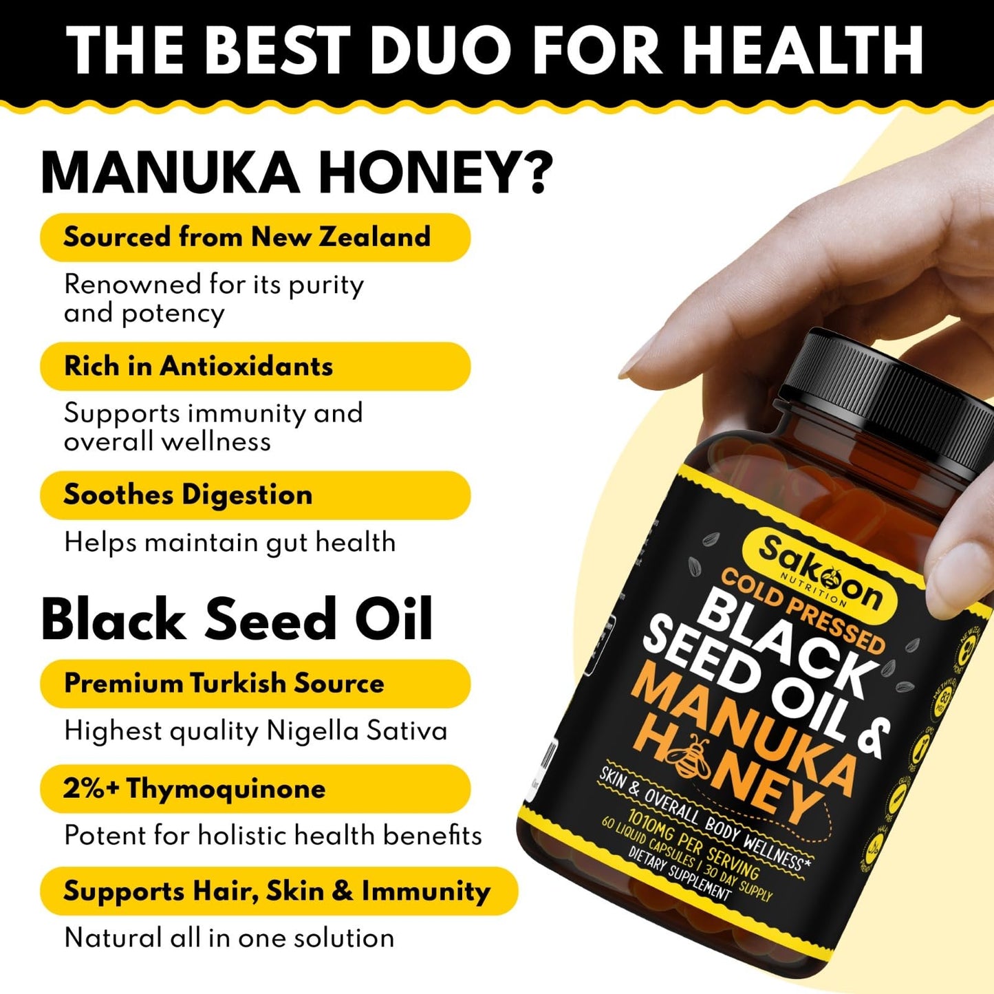 Sakoon nutrition Black Seed Oil Gummies with Honey and W/ 2%+ THYMOQUINONE - Nigella Sativa Seeds - Super antioxidant for Immune Support, Joints, Digestion, Hair & Skin - 60 Gummies