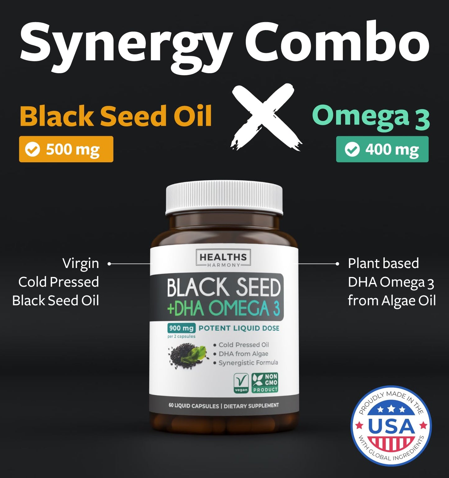 Black Seed Oil Gummies - Natural Ginger Ale Flavor (Non-GMO & Vegan) Cold-Pressed Nigella Sativa Producing Pure Black Cumin Seed Oil - 500mg Per 2 Gummy Serving