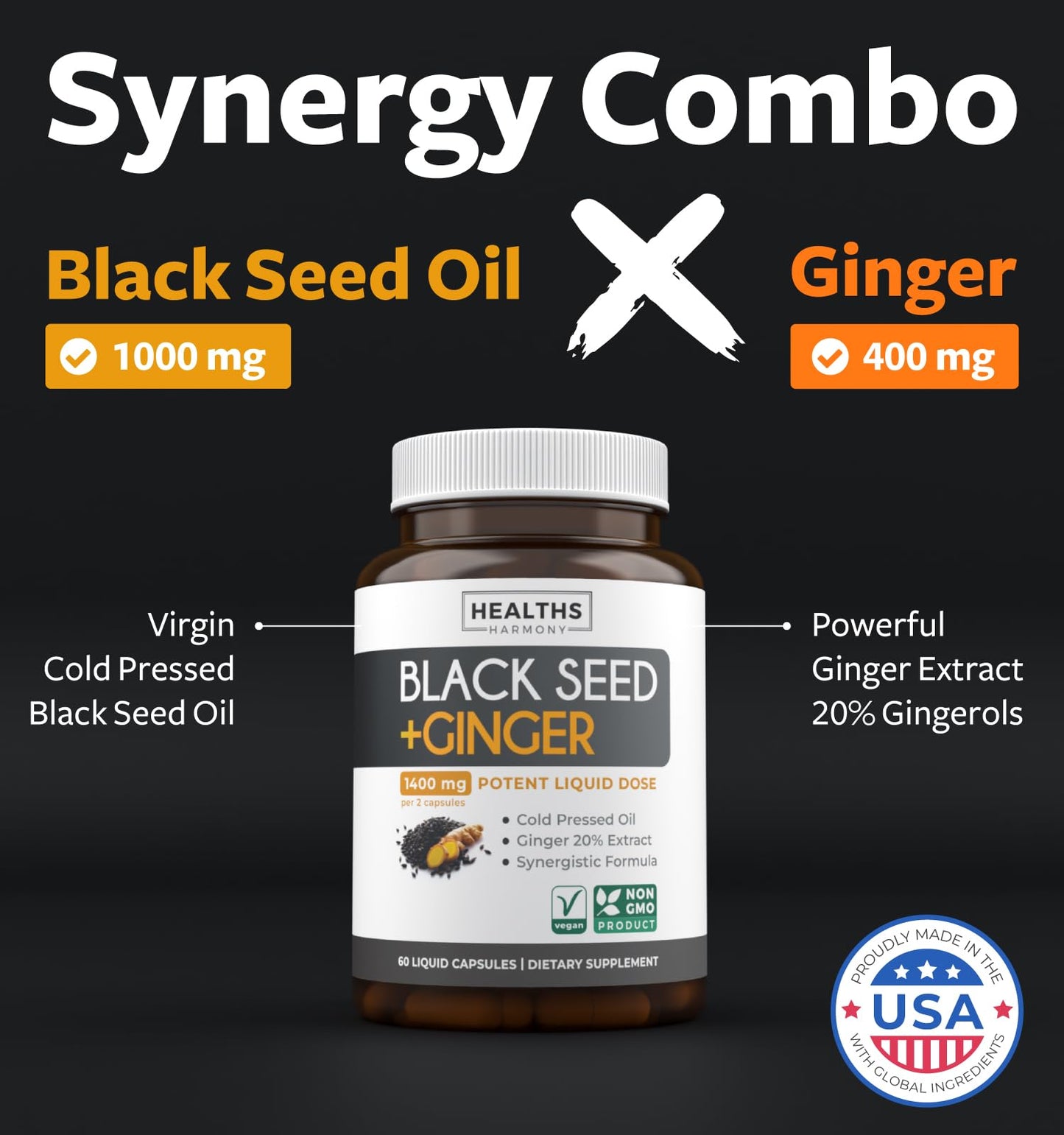 Black Seed Oil Gummies - Natural Ginger Ale Flavor (Non-GMO & Vegan) Cold-Pressed Nigella Sativa Producing Pure Black Cumin Seed Oil - 500mg Per 2 Gummy Serving