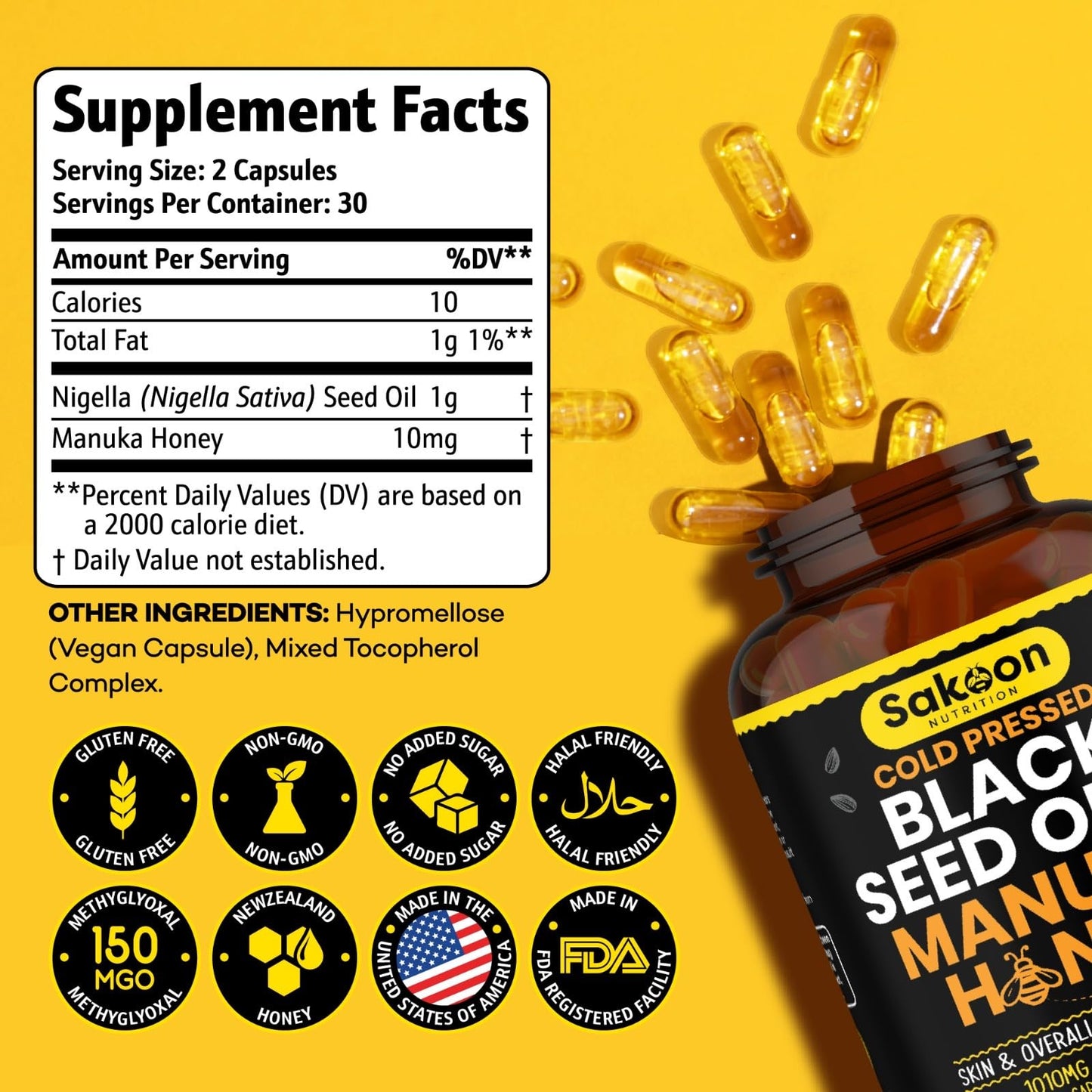 Sakoon nutrition Black Seed Oil Gummies with Honey and W/ 2%+ THYMOQUINONE - Nigella Sativa Seeds - Super antioxidant for Immune Support, Joints, Digestion, Hair & Skin - 60 Gummies