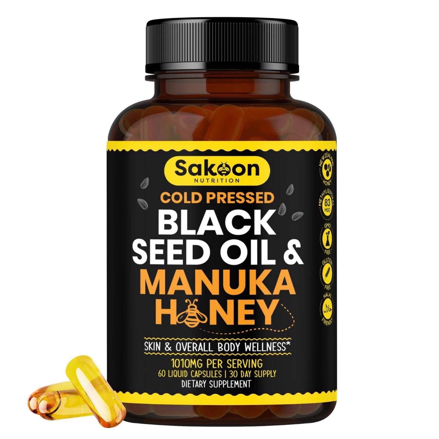 Sakoon nutrition Black Seed Oil Gummies with Honey and W/ 2%+ THYMOQUINONE - Nigella Sativa Seeds - Super antioxidant for Immune Support, Joints, Digestion, Hair & Skin - 60 Gummies