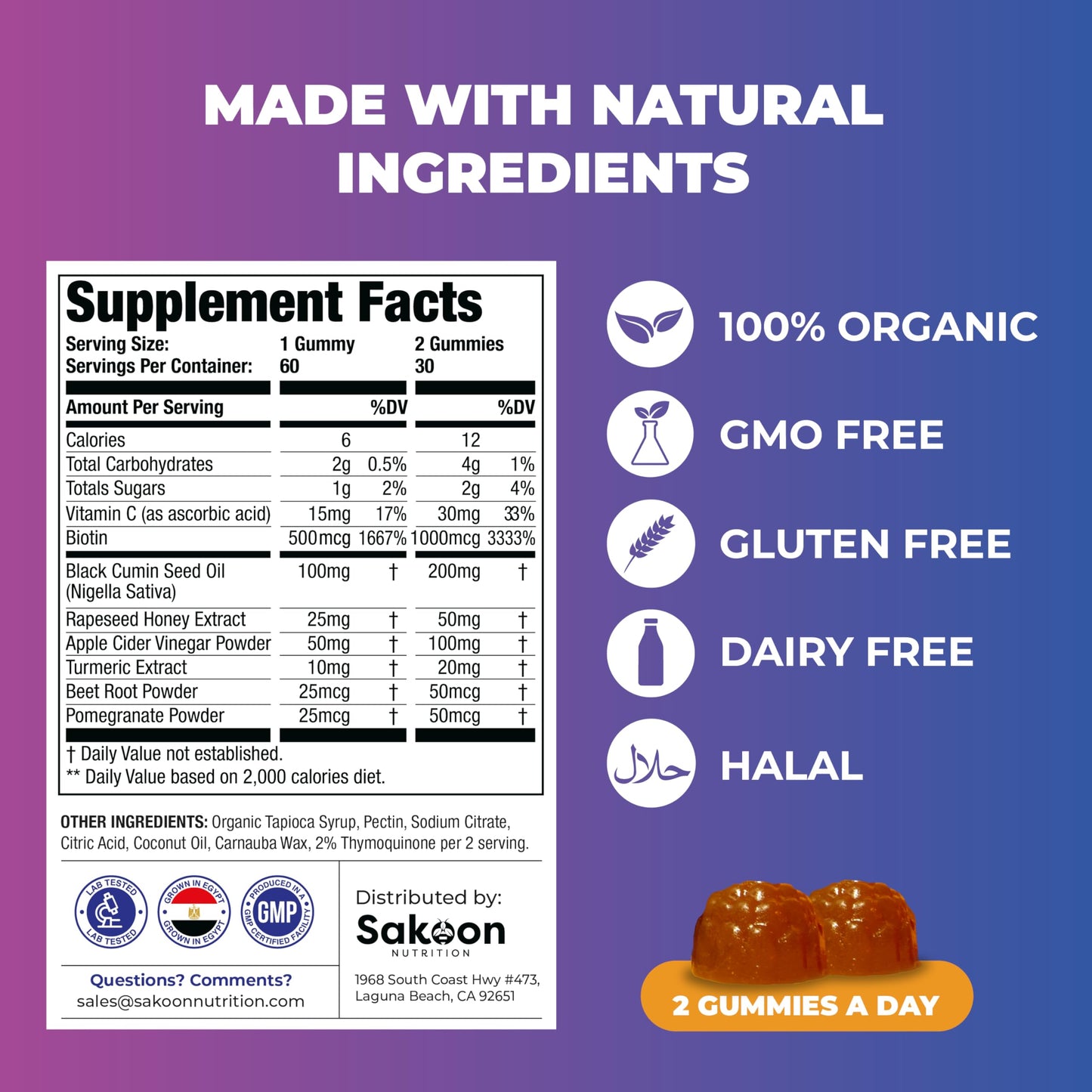 Sakoon nutrition Black Seed Oil Gummies with Honey and W/ 2%+ THYMOQUINONE - Nigella Sativa Seeds - Super antioxidant for Immune Support, Joints, Digestion, Hair & Skin - 60 Gummies