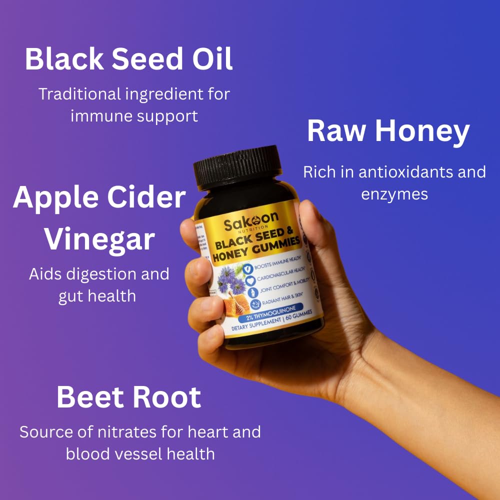 Sakoon nutrition Black Seed Oil Gummies with Honey and W/ 2%+ THYMOQUINONE - Nigella Sativa Seeds - Super antioxidant for Immune Support, Joints, Digestion, Hair & Skin - 60 Gummies